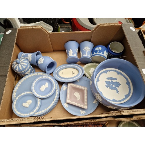 483 - A box of Wedgewood jasperware, mostly blue and white.