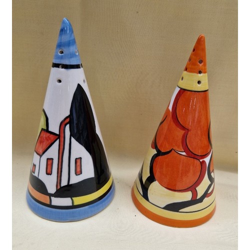 460 - Two ceramic sugar shakers in conical form. Clarice Cliff Bizarre centenary issue by Wedgwood; Fieldi... 