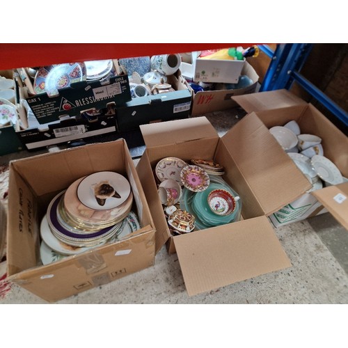 428 - 3 boxes of assorted pottery including collectors plates, tea wares including Grosvenor china, and a ... 