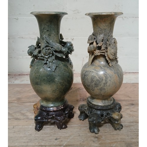 79 - A pair of Chinese steatite (soapstone) vases, finely carved with flowers and birds and naturalistic ... 