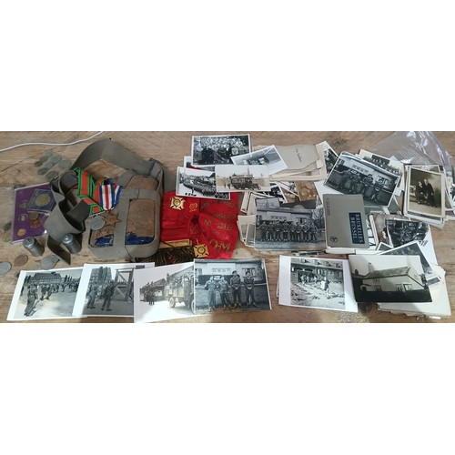 63 - A mixed lot comprising a billy can, photographs including military, two WWII medals, Masonic sashes ... 