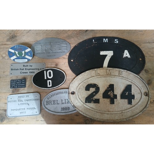 73 - A group of assorted railway plates including LMS 7A and LMS 244 bridge plates, shed plate 10D, Briti... 