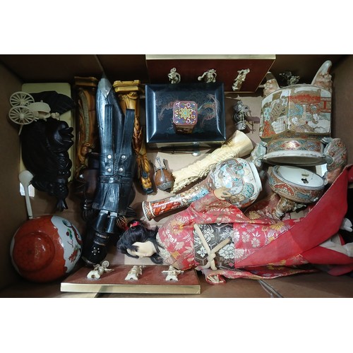 85 - A box of assorted mainly oriental/eastern items including a kukri knife, Japanese pottery etc.