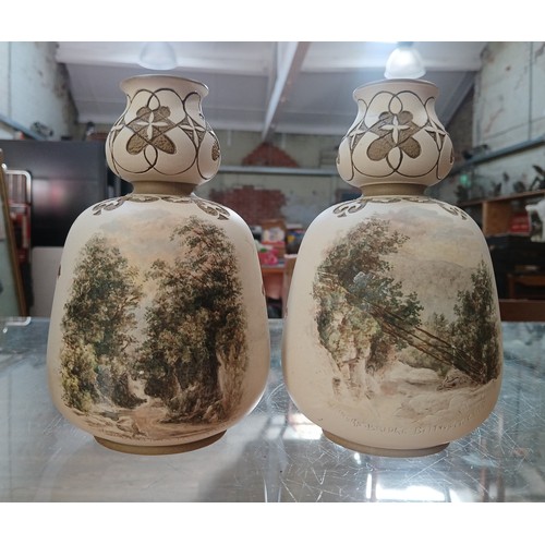 90 - A pair of Calvert & Lovatt Langley Ware stoneware vases, circa 1890s, decorated with swallows and sc... 