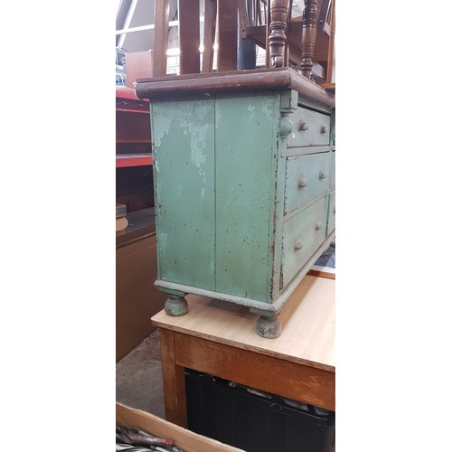 1014 - A green painted pine sideboard, circa 1900, height 87cm, length 166cm and depth 54cm.