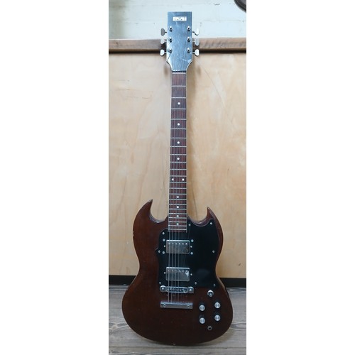 145 - A CMI SG style electric guitar, brown body with black pick guard.