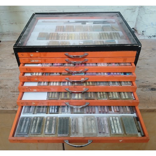 132 - A multi drawer cabinet containing a large quantity of Rowney artist's pastels, width 50cm, depth 41c... 