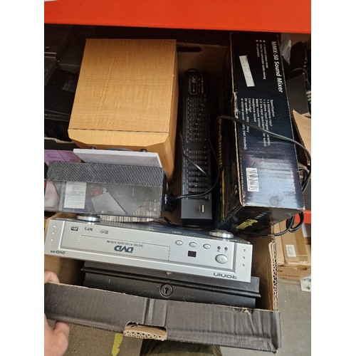 136 - A very large quantity of electronic equipment and accesories over 6 shelves. Includes sound mixing u... 