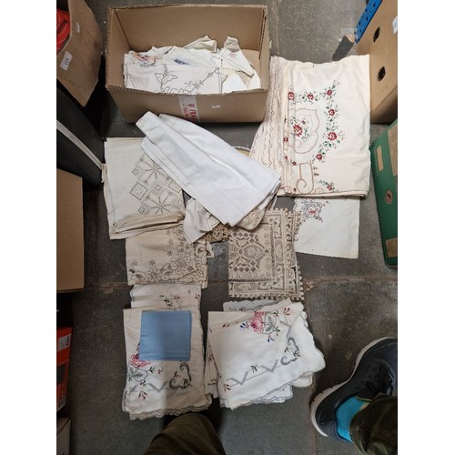 112 - 2 boxes of linen, crochet work etc