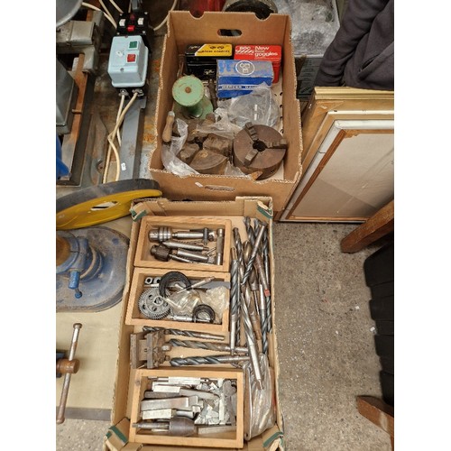 410A - Two boxes of engineering accessories to include drills, reamers, cutting bits, micrometers, 3 jaw ch... 