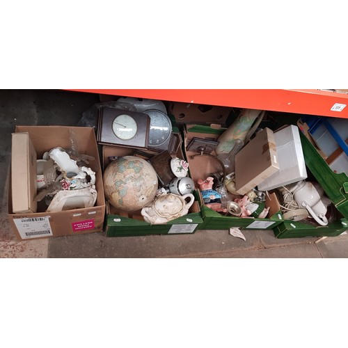 325 - 5 boxes of miscellaneous items including table lamps, toys, Nat West Pigs money boxes, clocks,