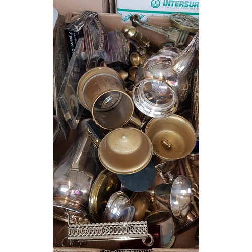 312 - 4 boxes including 2 boxes plated and brass wares, box of glassware, ceramics, box of figurines, Wedg... 