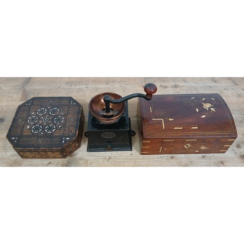 167 - A mixed lot comprising a Japanese parquetry inlaid work box, an Indian brass inlaid domed top box an... 