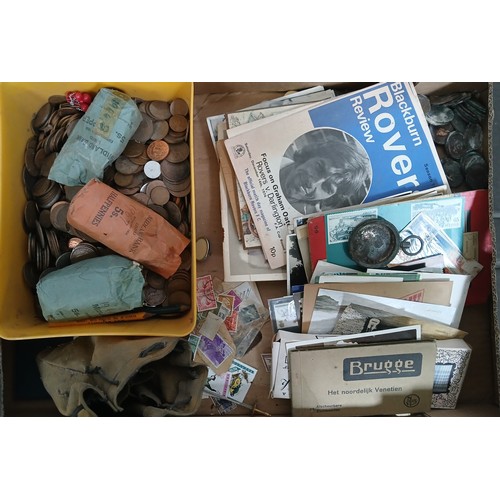 194 - A box of assorted collectables comprising mainly coins and postcards, a pocket watch case etc.