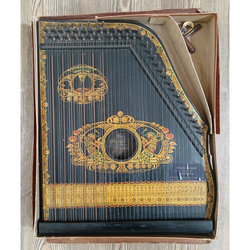 131 - Antique German zither by Knights with plectrums and tuner in box