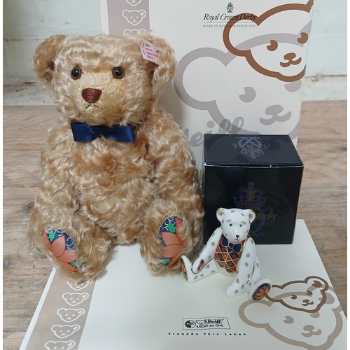 375 - A Steiff limited edition 'Royal Crown Derby' bear, no.171/200 with Royal Crown Derby porcelain mini ... 