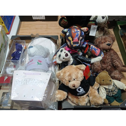 204 - Two boxes of assorted soft toys to include ty, Keel toys, Aurora, Ashanti kingdom & Ay Guey etc.