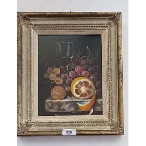 828 - Raymond Campbell (British, b.1956), still life with grapes, sliced orange and a wine glass, oil on b... 