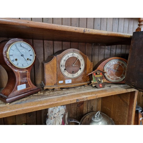 8 - Three assorted wooden mantle clocks & a vintage Swiss miniature chalet novelty clock.