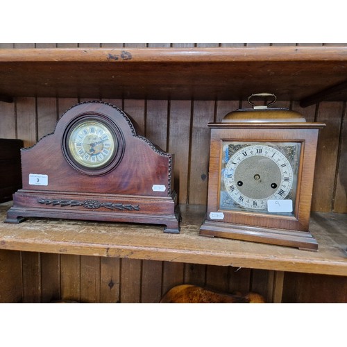 9 - Two wooden cased clocks comprising of mantle clock & bracket clock.