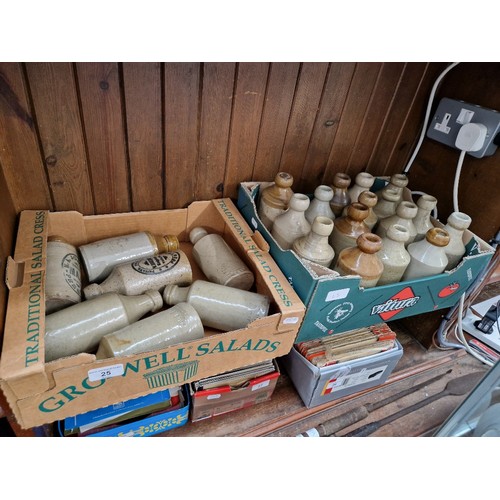 25 - Two boxes of Preston stoneware ginger ale bottles.