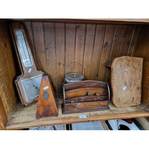 21 - A group of assorted collectables comprising of a wooden stool, metronome, barometer, biscuit barrel ... 