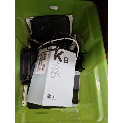 57 - A box of assorted phones, tablets & a Sony camera to include Samsung, iphone & Nokia etc.