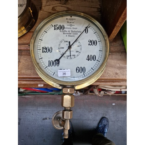 36 - A large brass hydraulic pressure gauge, the dial signed Schaffer & Budenberg Manchester, London & Gl... 