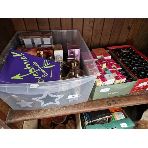 58 - Three boxes of assorted cosmetics to include perfume (Vera Wang, Ted Baker, Chanel, Avon etc.) & var... 