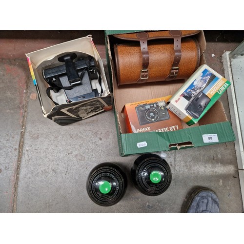 59 - A box containing 3 vintage cameras & a set of crown green bowls.