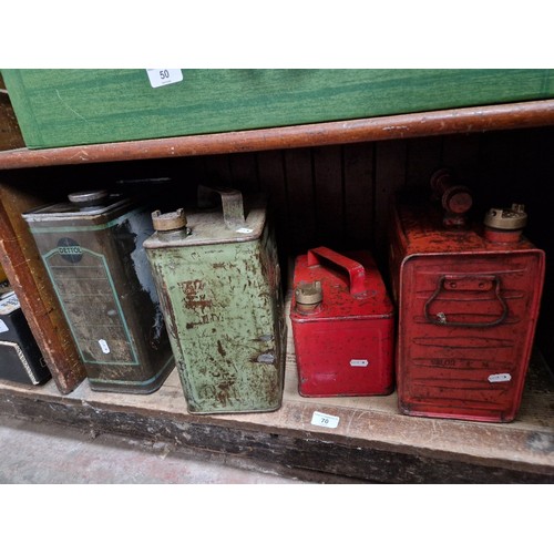 70 - A group of three vintage petrol cans including Shell, Esso, etc and a large Dettol can.