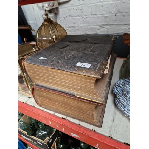 79 - Two family bibles, one with coloured plates and a box of vintage books