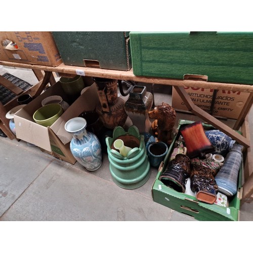 96 - 2 boxes of vases and a collection of larger vases, together with a planter in the form of a chimney ... 