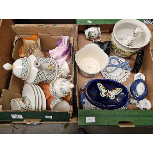 95 - 2 boxes of mixed pottery to include Coalport, Portmeirion, Villeroy and Boch etc