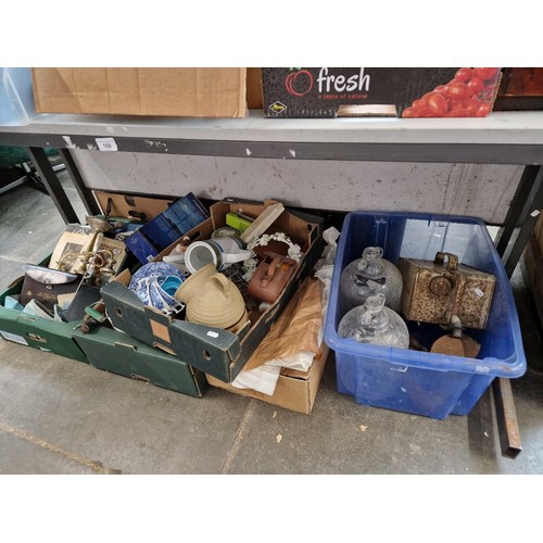 109 - 5 boxes of mixed items including blue and white pottery, salt pig, kitchen items, masonic apron, fue... 