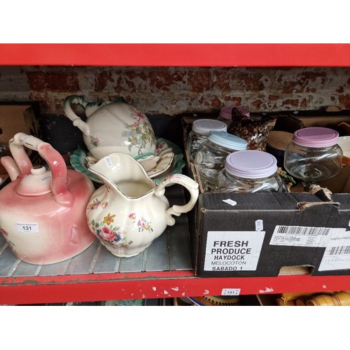 131 - Ceramics to include Staffordshire Ironstone jug and bowl set, large ceramic teapot etc and a box of ... 