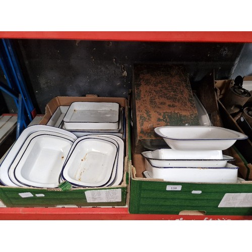 138 - Two boxes of assorted enamel trays and other items.