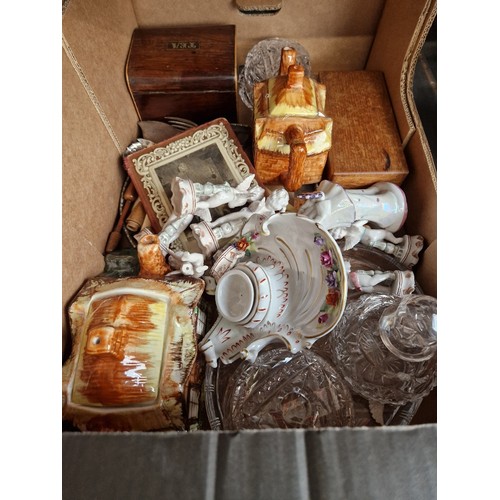 130 - A box of miscellaneous pottery etc including Italian figurines, teapots, glass ware, tea caddy