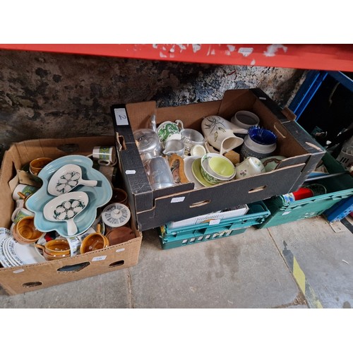 148 - Four boxes of mostly mid 20th century pottery, glass and teawares.