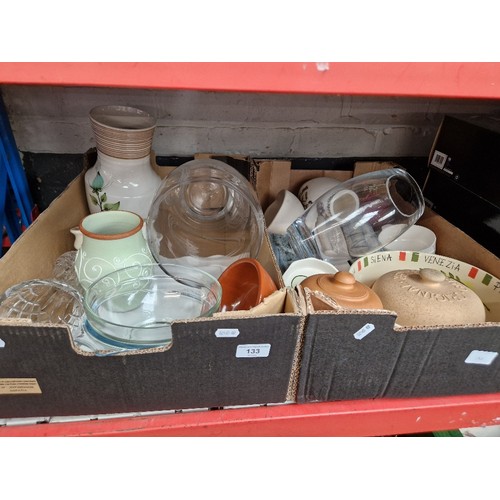 133 - 2 boxes of pottery and glass including vases, bowls, Bunnykins bowls etc