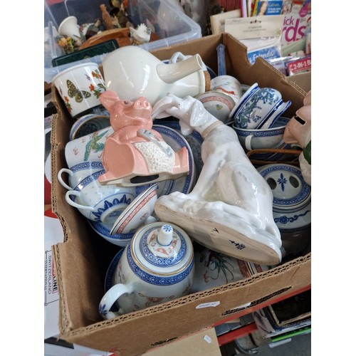 180 - A box of mixed ceramics including Wade Nat West Pig  moneybox, oriental pottery etc