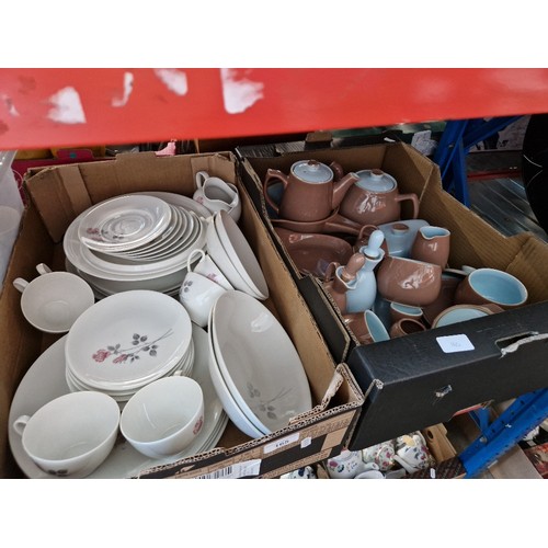 165 - A box of Royal Doulton Pillar Rose table wares and a box of Denby Langley Lucerne