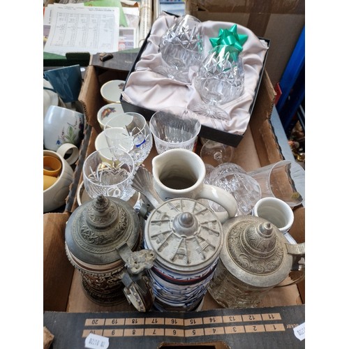 153 - A box of glass ware, pottery etc including Edinburgh crystal, German steins