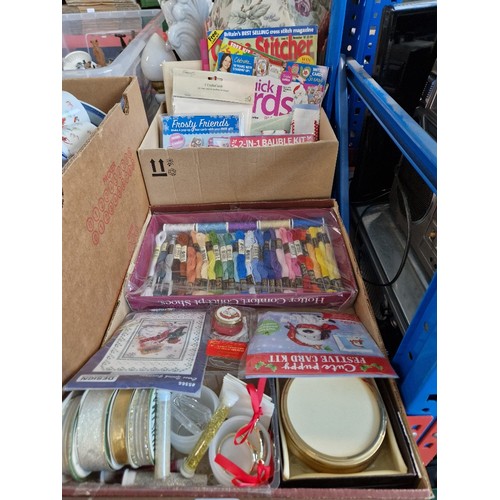 179 - Two boxes of sewing items including cross-stitch kits, DMC/Gutermann threads, Framecraft products in... 