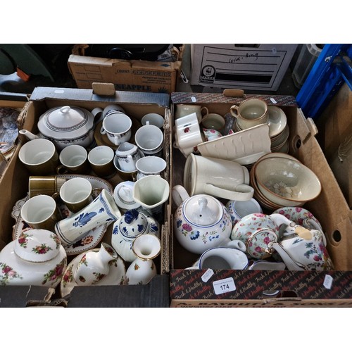 174 - 2 boxes of mixed pottery including Royal Albert Old Country Roses, Denby Daybreak etc