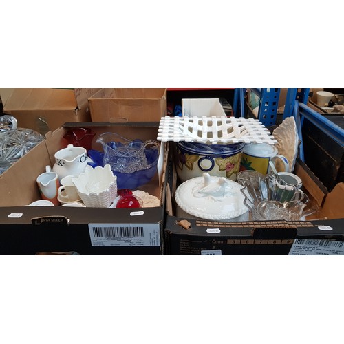 201 - Two boxes of pottery and glass ware including jugs, bowls, jardiniere bowl etc