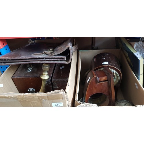 211 - Two wooden boxes, a brass lamp and a leather case.