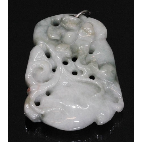 186 - A Chinese icy jadeite jade pendant, carved with a flower, length 54mm, weight43.3g.