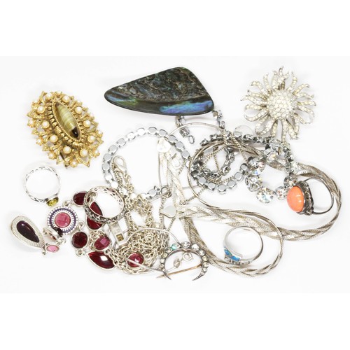 200 - Assorted silver and other costume jewellery including an eternity ring marked '9ct SILVER', a cresce... 