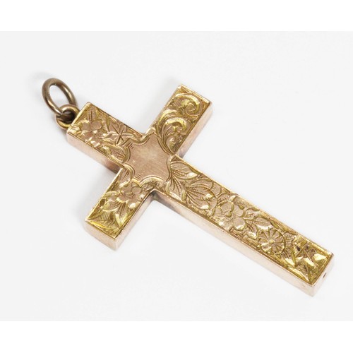 9 - A hallmarked 9ct gold cross, box form with engraved decoration, length 45mm, weight 2.8g.